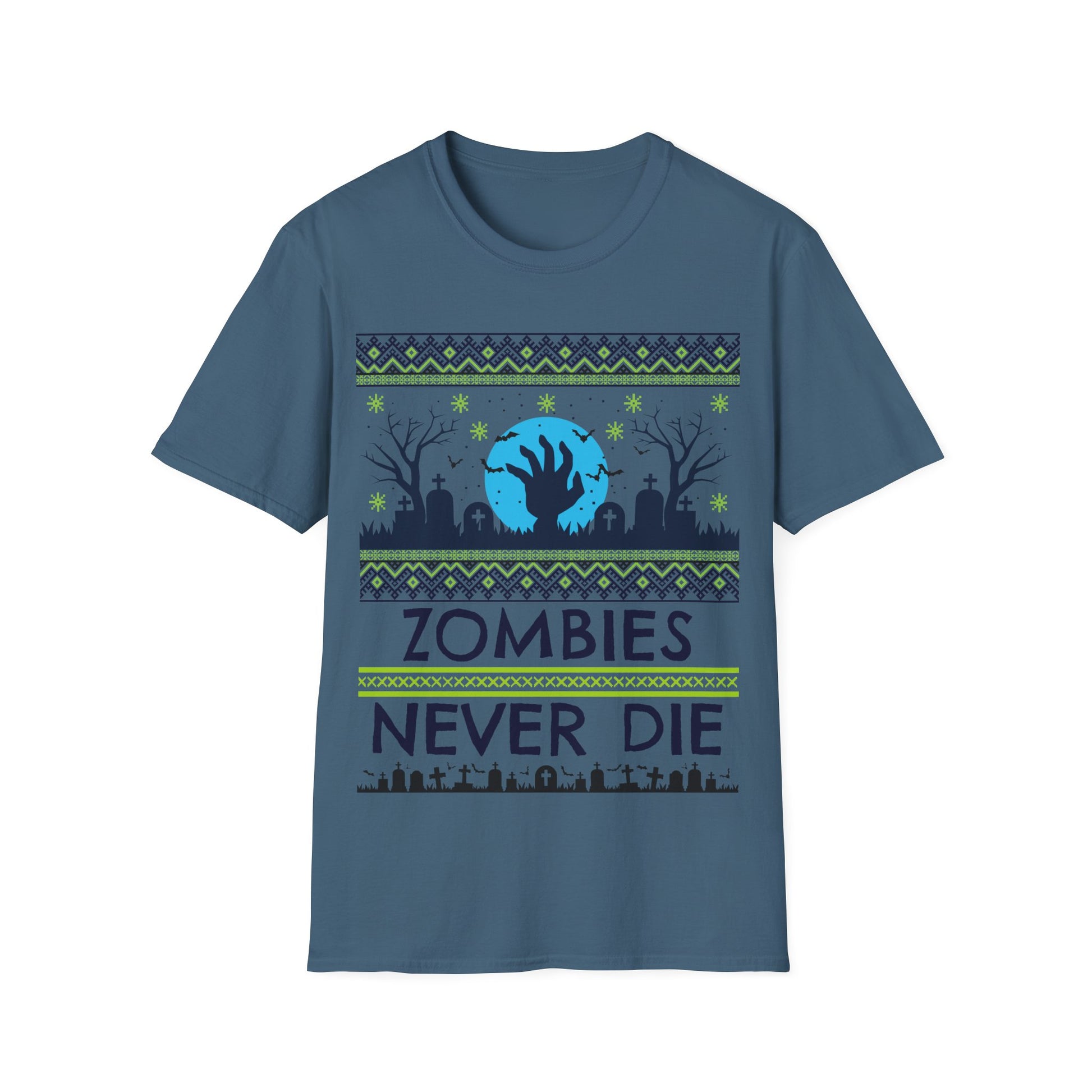 Indigo Blue t-shirt with 'Zombies Never Die' graphic design on a white background
