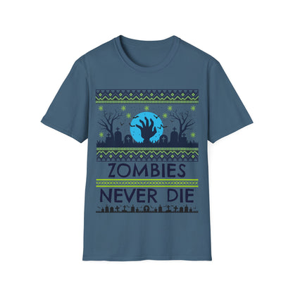 Indigo Blue t-shirt with 'Zombies Never Die' graphic design on a white background