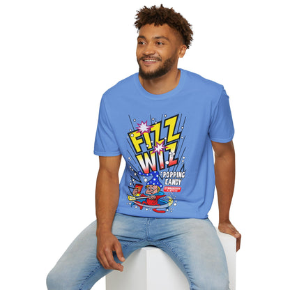Person wearing a blue t-shirt with Fizz Wiz Popping candy colourful graphic design on a white background