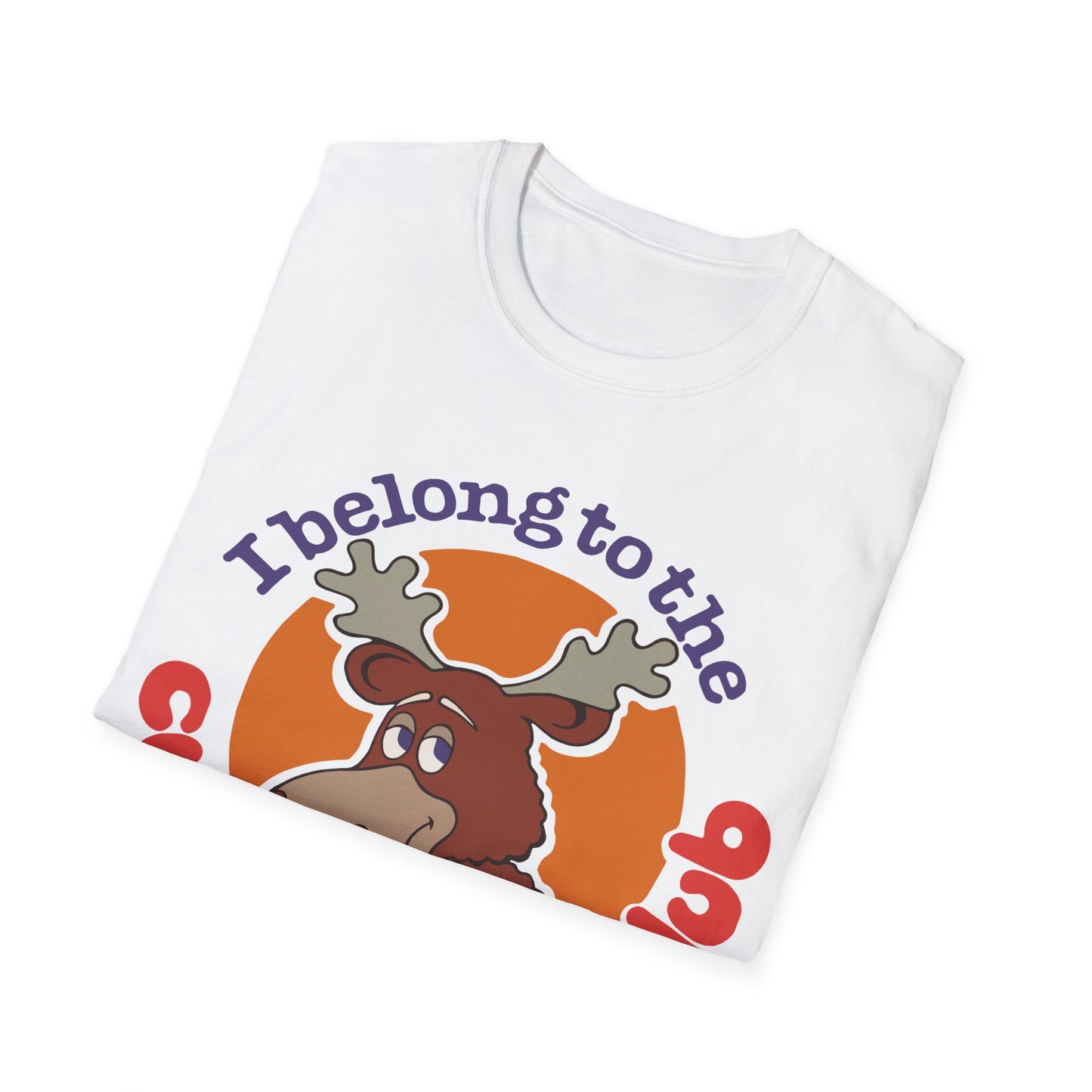 White t-shirt with a cartoon moose and text design on a white background