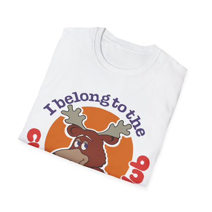 White t-shirt with a cartoon moose and text design on a white background