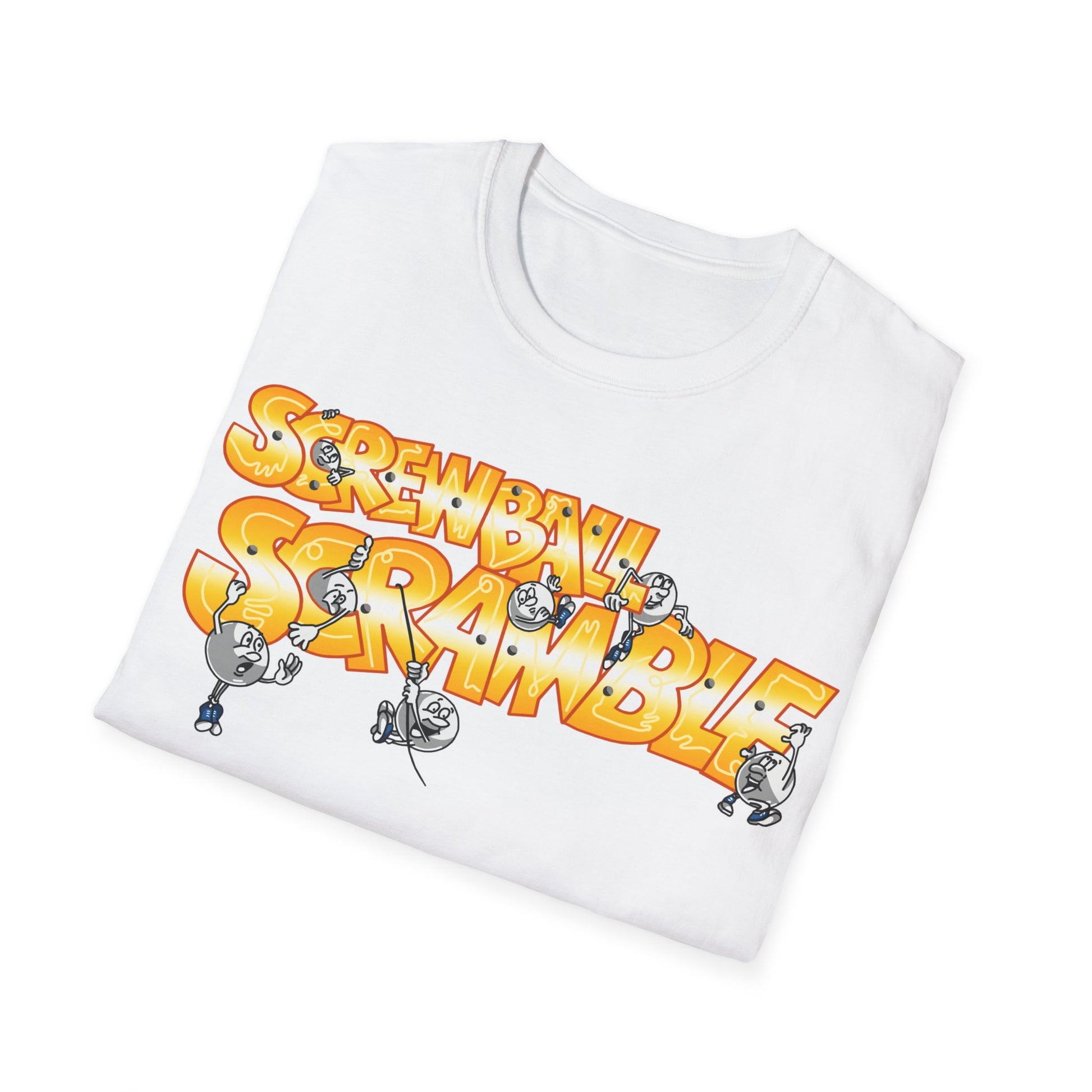 White t-shirt with 'Screwball Scramble' graphic design on a white background
