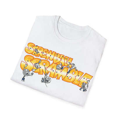 White t-shirt with 'Screwball Scramble' graphic design on a white background