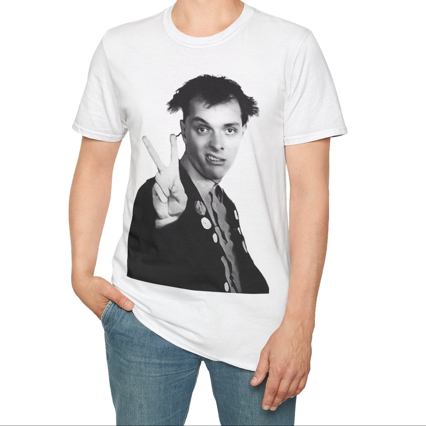 Person wearing a white t-shirt with a graphic design on a white background