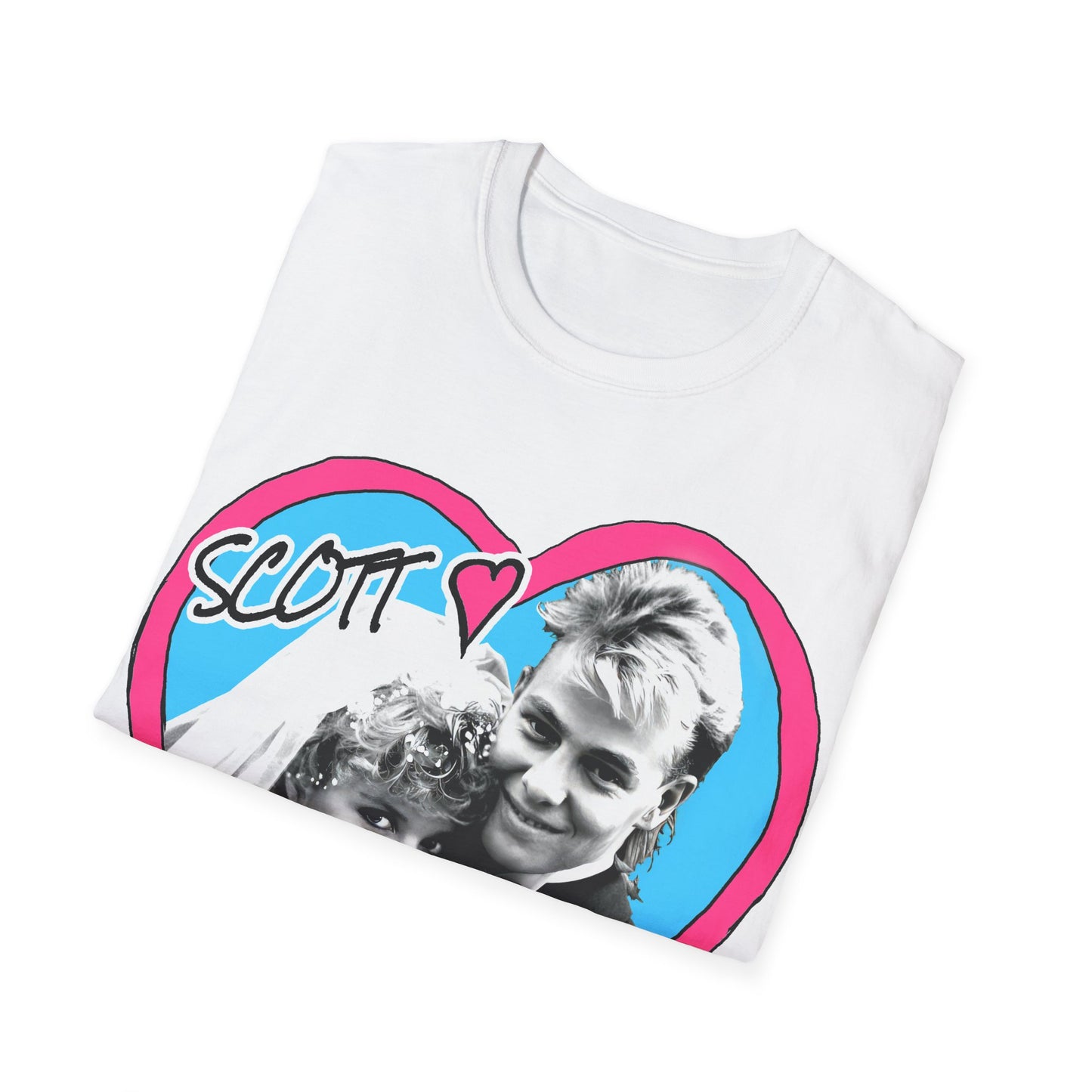 Retro TV Classic Neighbours Wedding heart design on White t-shirt with text 'Scott' and 'Charlene'  