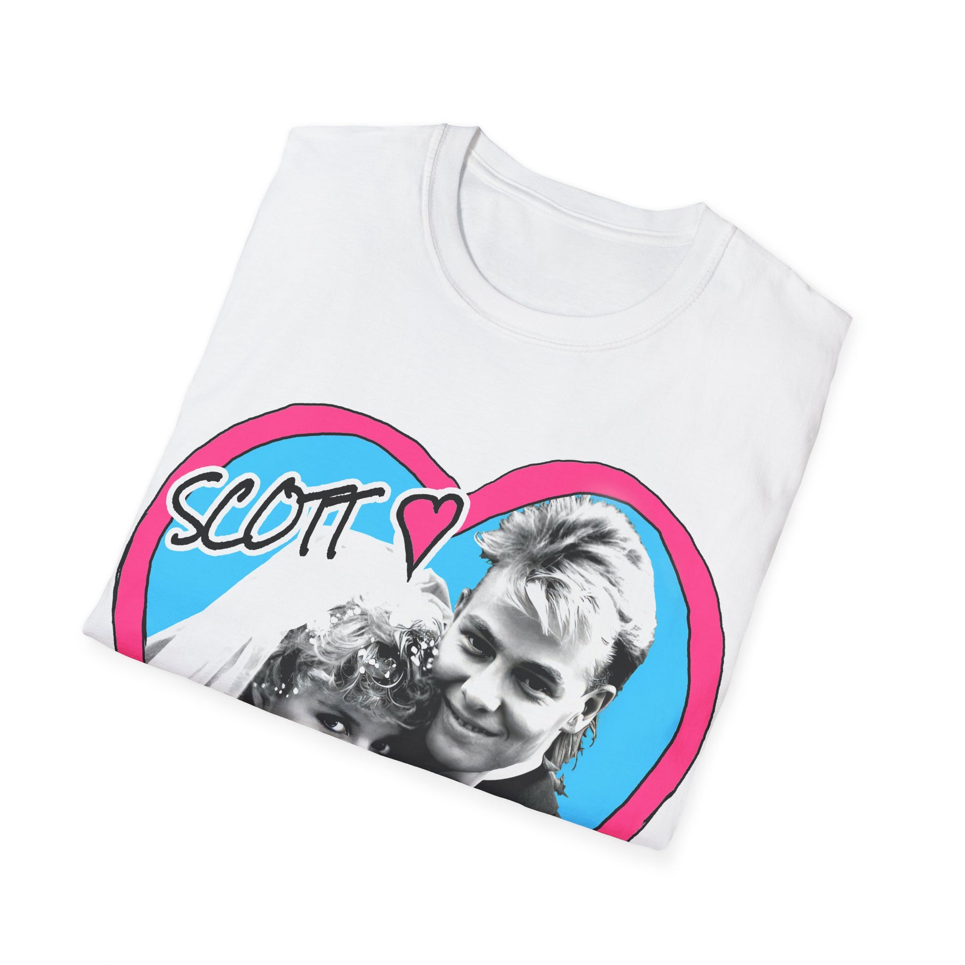 Retro TV Classic Neighbours Wedding heart design on White t-shirt with text 'Scott' and 'Charlene'  