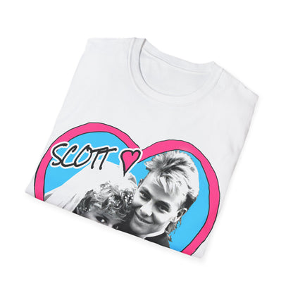 Retro TV Classic Neighbours Wedding heart design on White t-shirt with text 'Scott' and 'Charlene'  