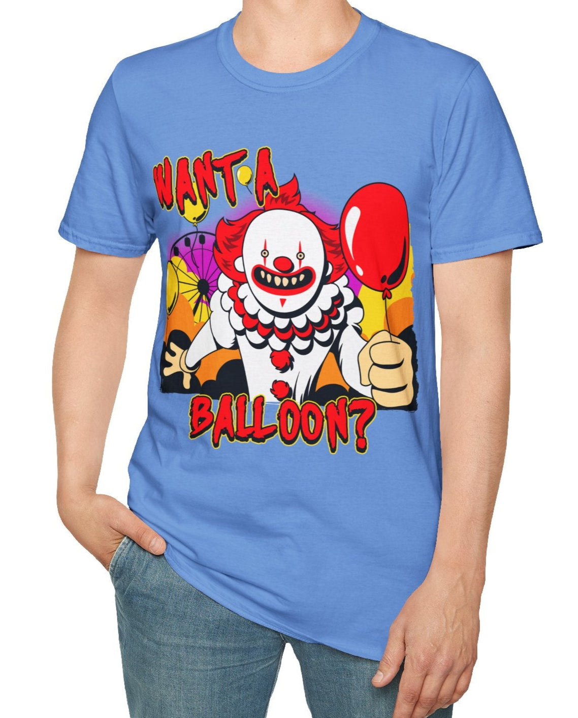 Person wearing a blue t-shirt with a clown graphic and text 'Want a balloon?' on a white background