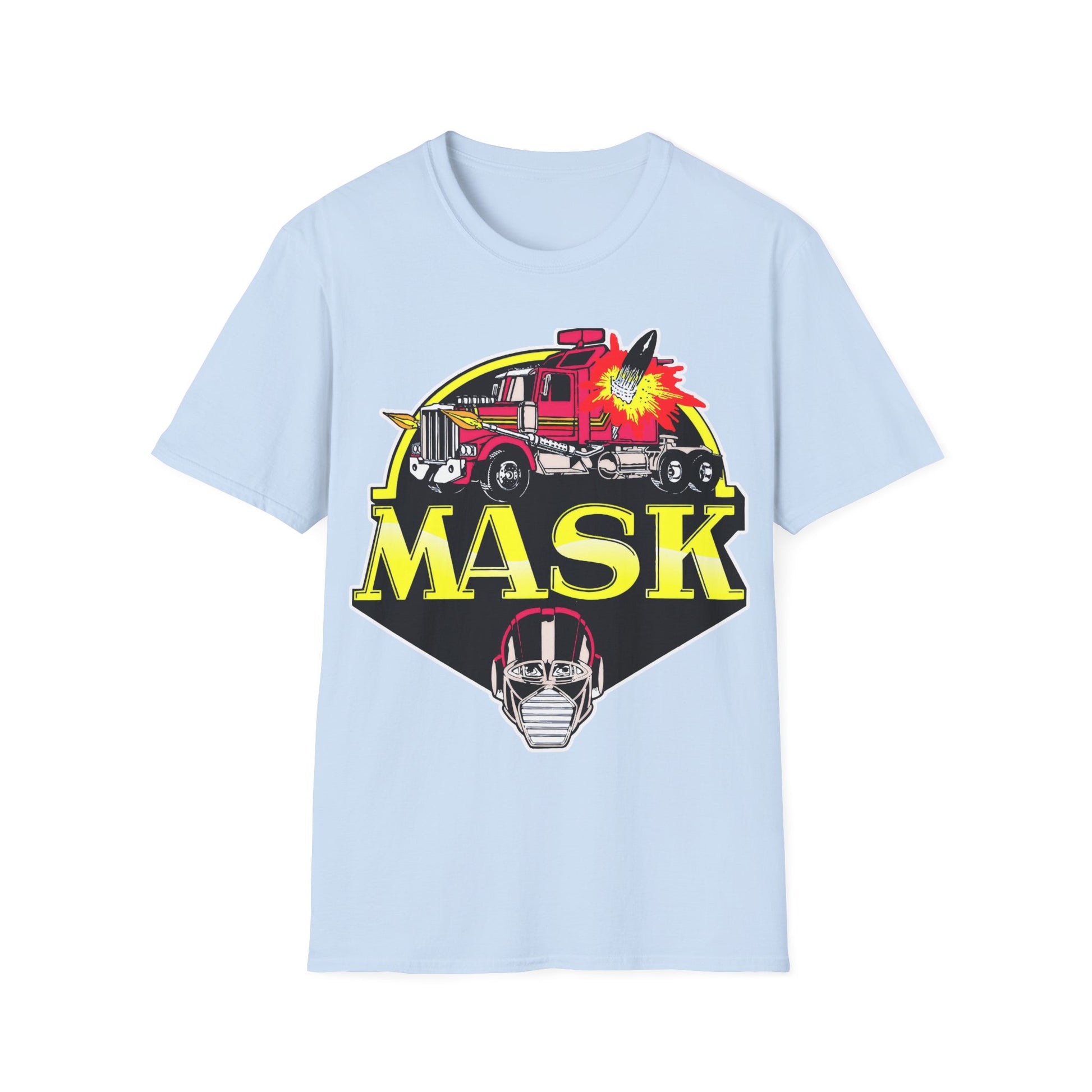 Light blue t-shirt with 'MASK' graphic design featuring a fire truck and helmet on a white background