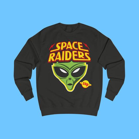 Black sweatshirt with 'Space Raiders' alien graphic on a white background