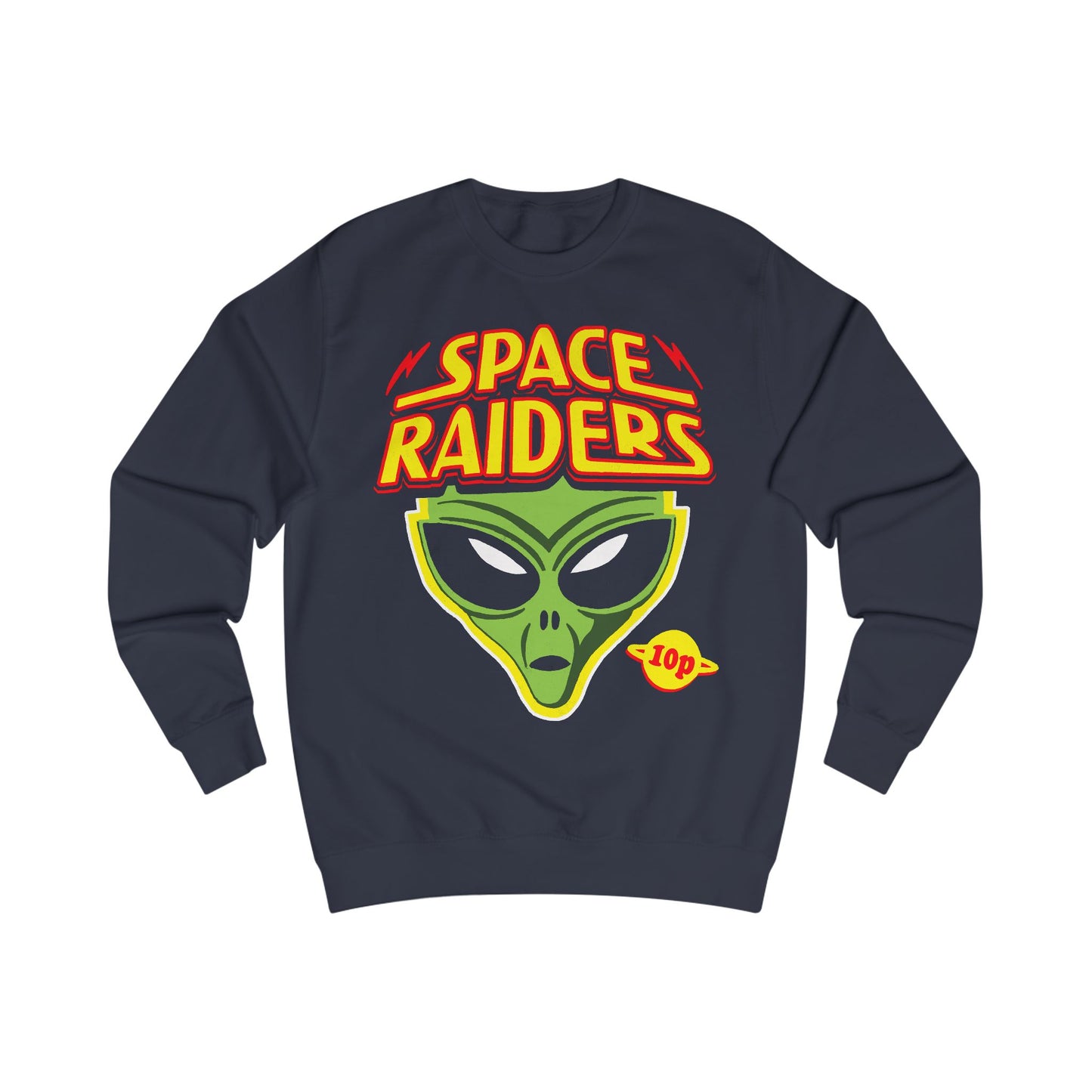 Navy blue sweatshirt with 'Space Raiders' graphic design featuring an alien head on a white background