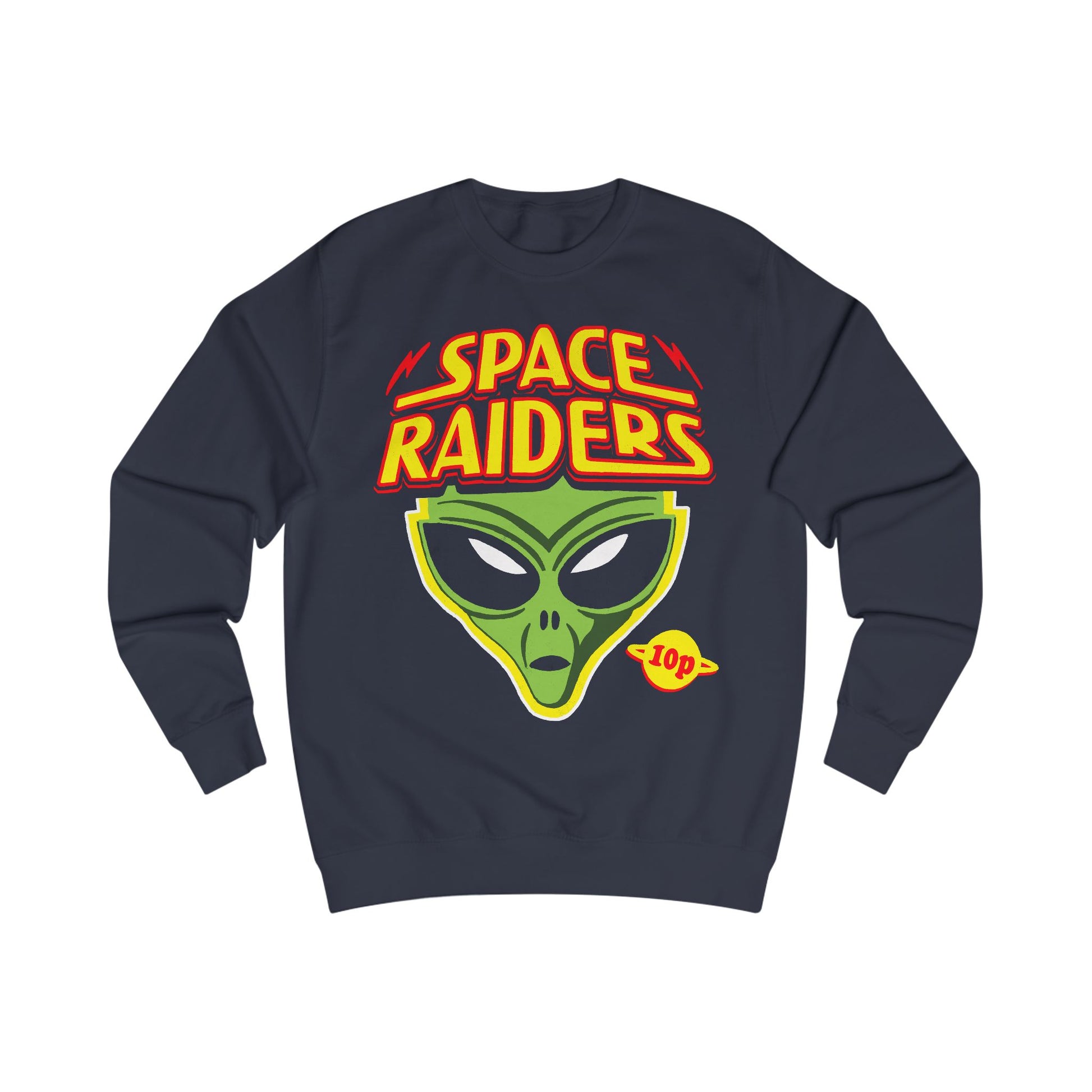 Navy blue sweatshirt with 'Space Raiders' graphic design featuring an alien head on a white background