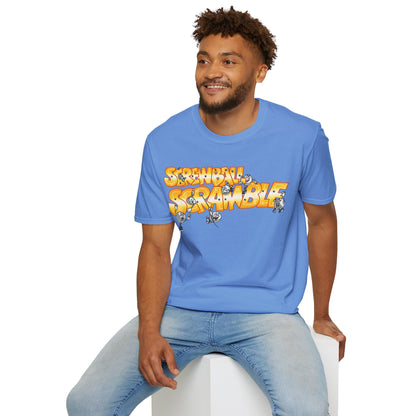 Man wearing a blue t-shirt with 'Screwball Scramble' graphic design  on a white background