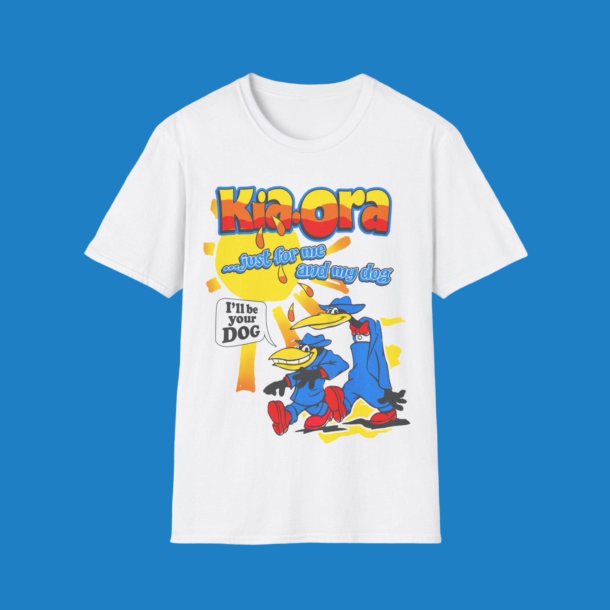 White t-shirt with colourful graphic design featuring a cartoon characters and Kia-Ora rainbow text 