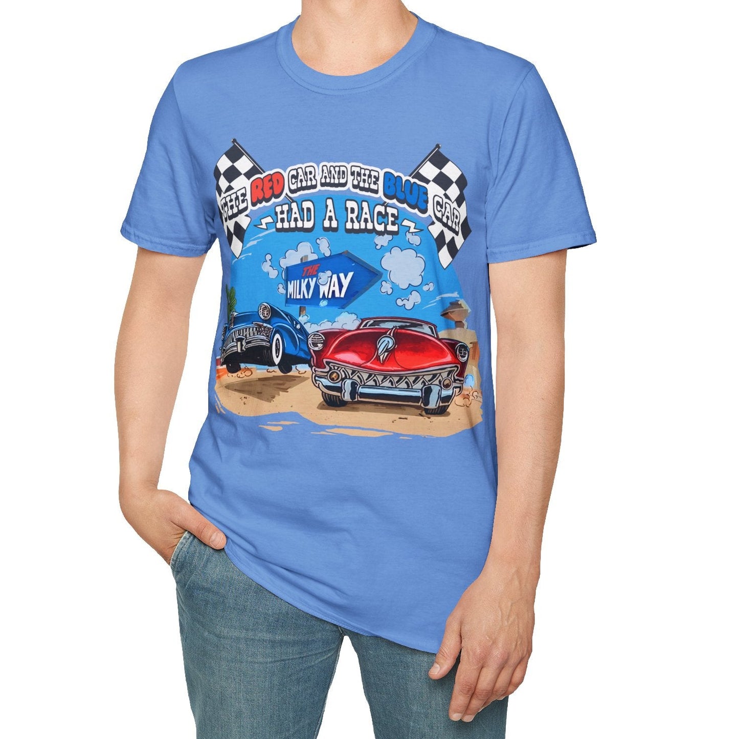 Person wearing a blue t-shirt with a race car graphic on a white background