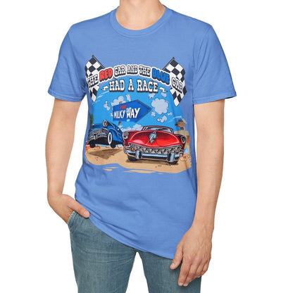 Person wearing a blue t-shirt with a race car graphic on a white background