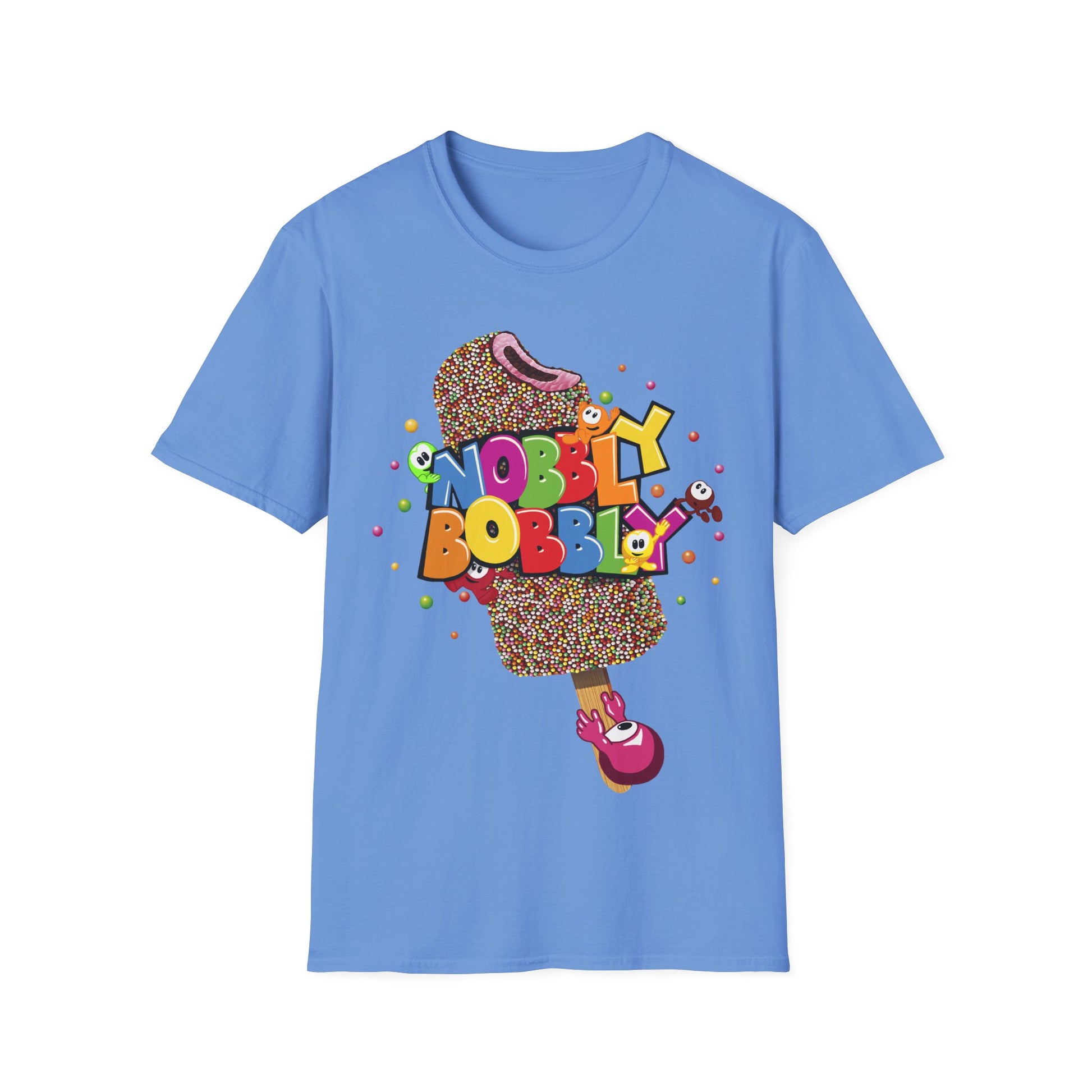 Blue t-shirt with colorful 'Nobly Bobly' graphic on a white background