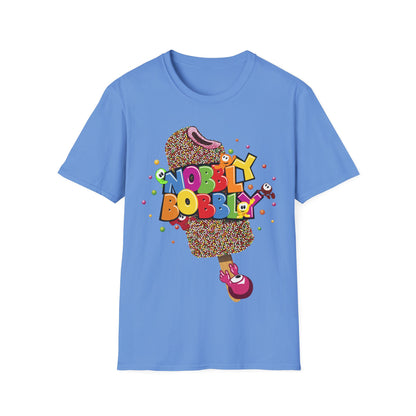 Blue t-shirt with colorful 'Nobly Bobly' graphic on a white background