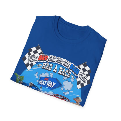Retro 80s TV Advert Unisex T-Shirt, The Red Car And The Blue Car Had A Race