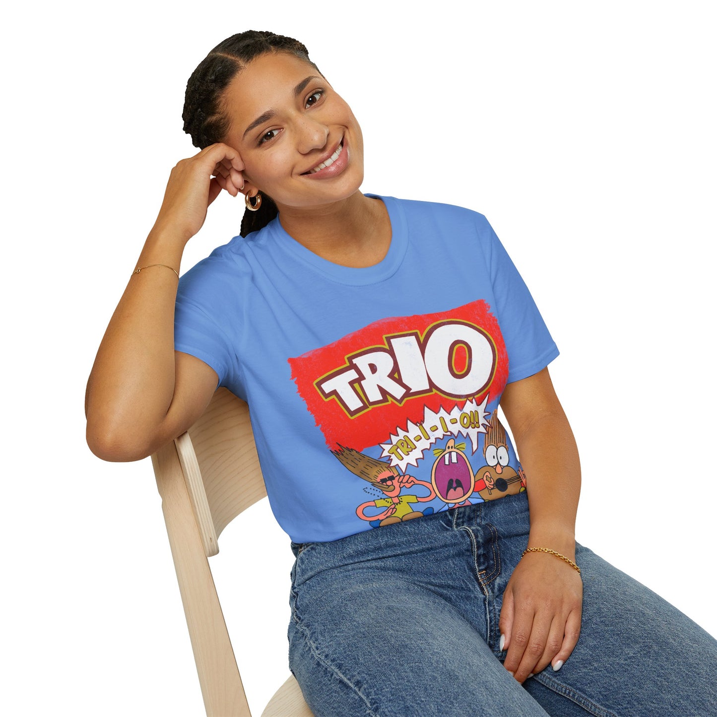 Person wearing a blue t-shirt with a colourful graphic Trio design on a white background