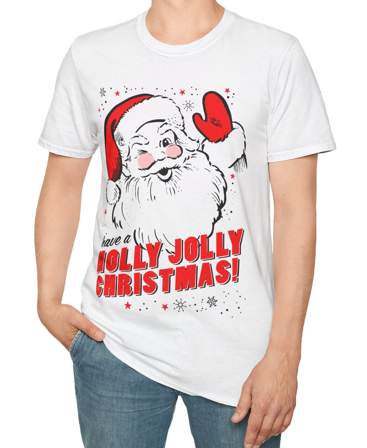 Person wearing a white t-shirt with Santa Claus graphic and text on a white background