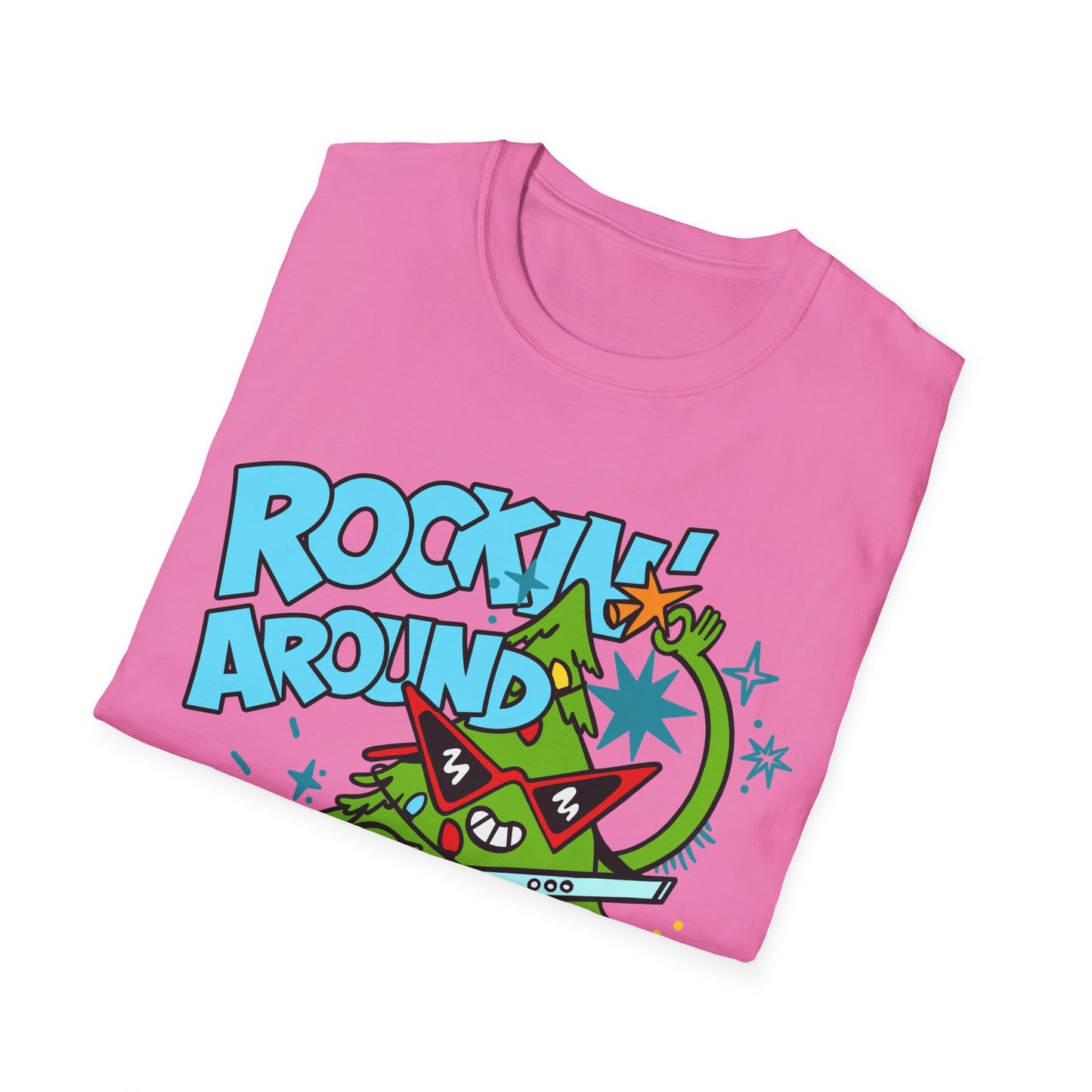 Pink t-shirt with colorful graphic design and text on a white background