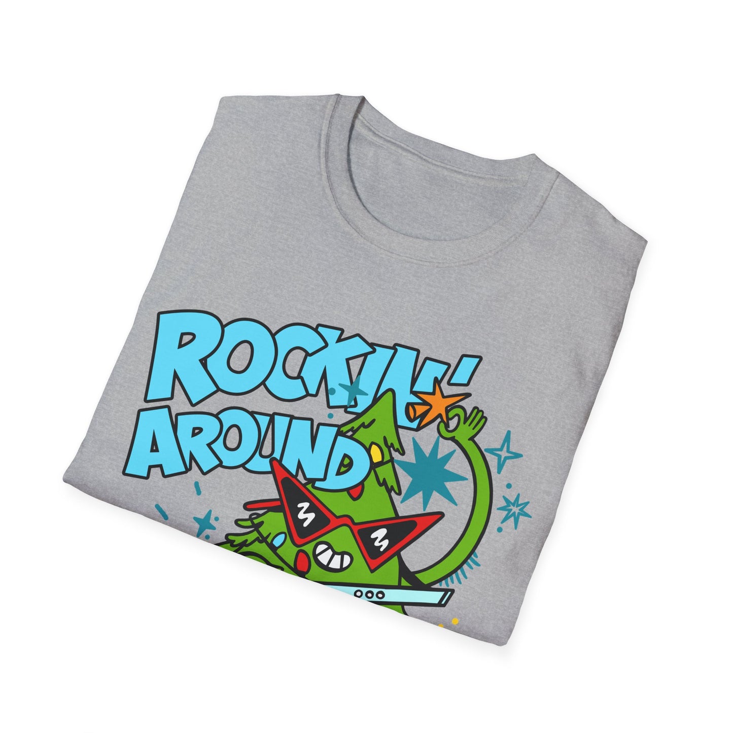 Folded gray t-shirt with colorful graphic design on a white background