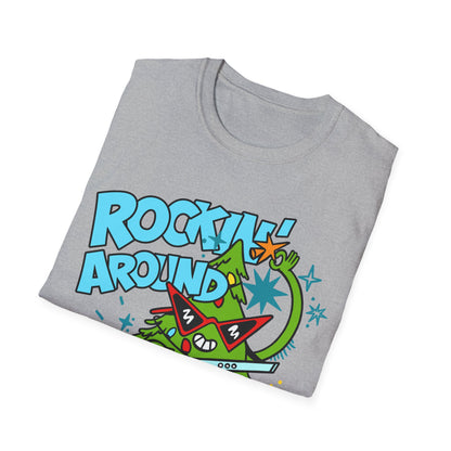 Folded gray t-shirt with colorful graphic design on a white background
