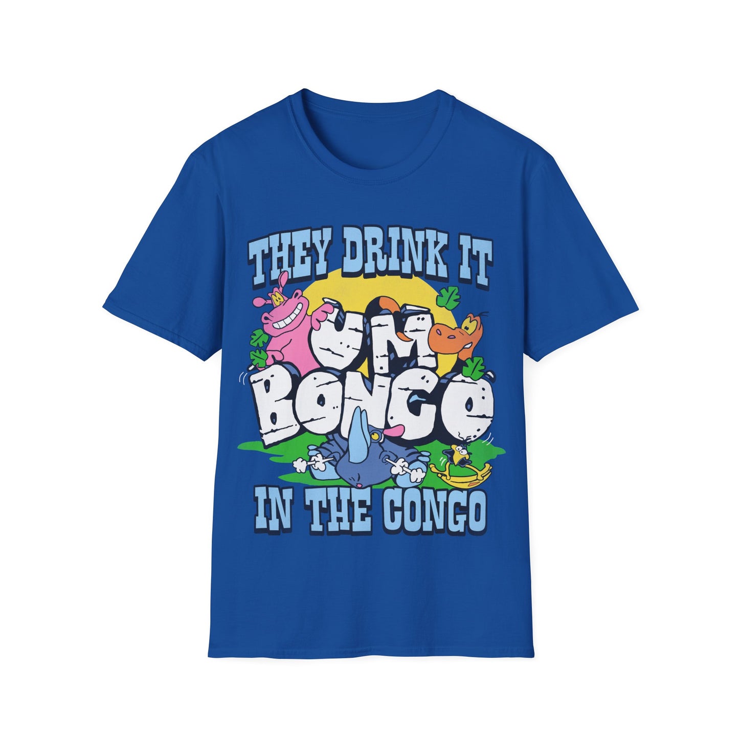 Blue short sleeve official Um Bongo T-shirt colourful 80s tropical juice drink cartoon animals with They drink it in the congo text and Um bongo logo