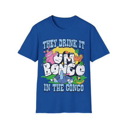 Blue short sleeve official Um Bongo T-shirt colourful 80s tropical juice drink cartoon animals with They drink it in the congo text and Um bongo logo