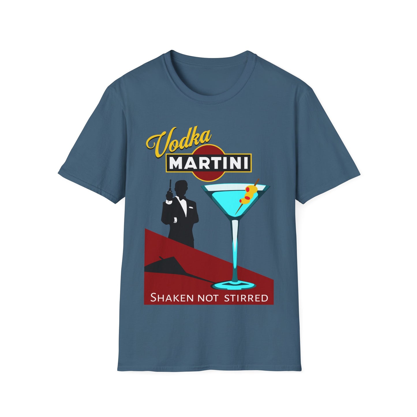 Blue t-shirt with Vodka Martini graphic design on a white background