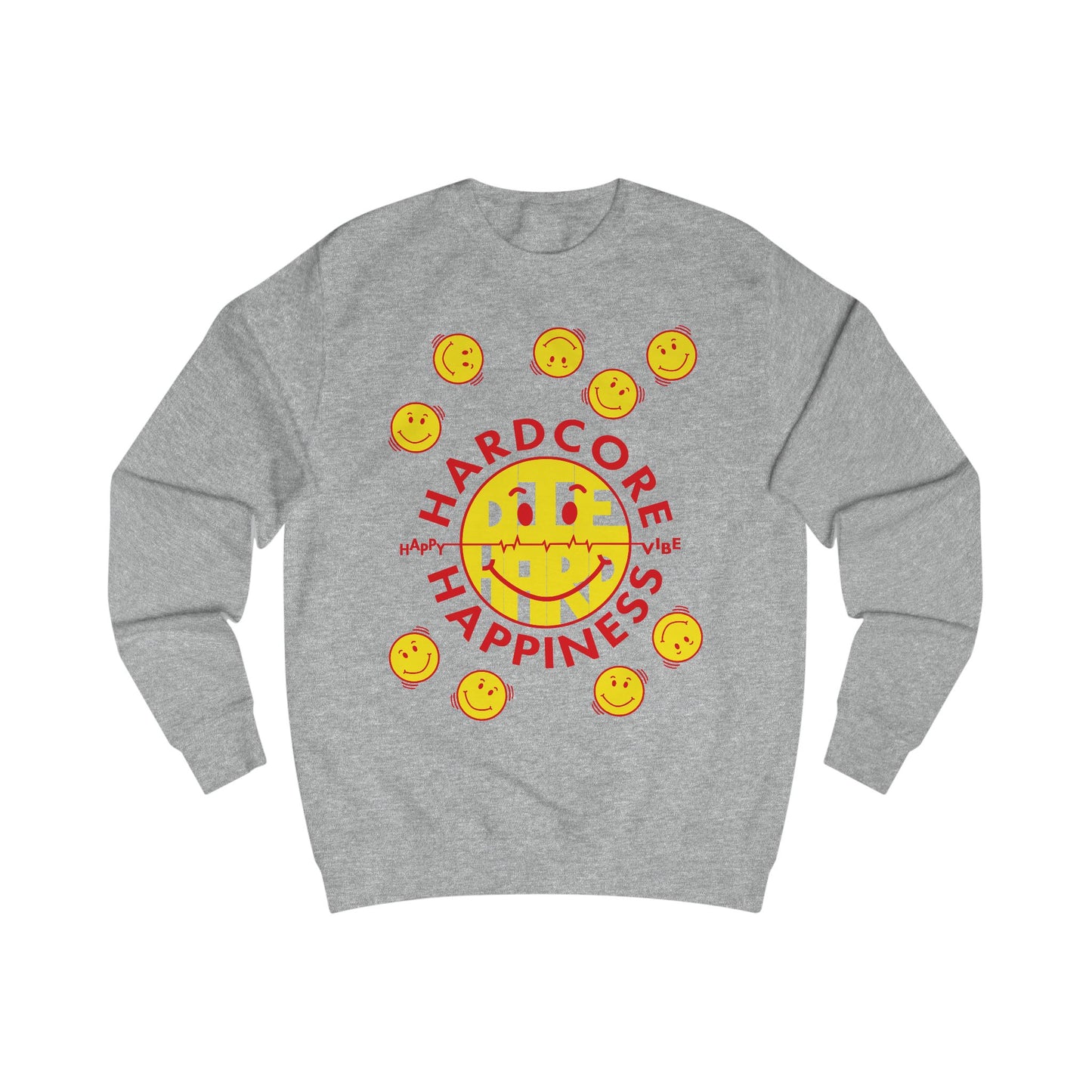 90s Raver grey sweatshirt with yellow smiley faces and red Hardcore Happiness text on a white background