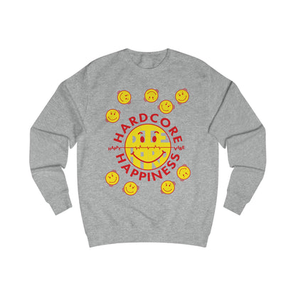 90s Raver grey sweatshirt with yellow smiley faces and red Hardcore Happiness text on a white background