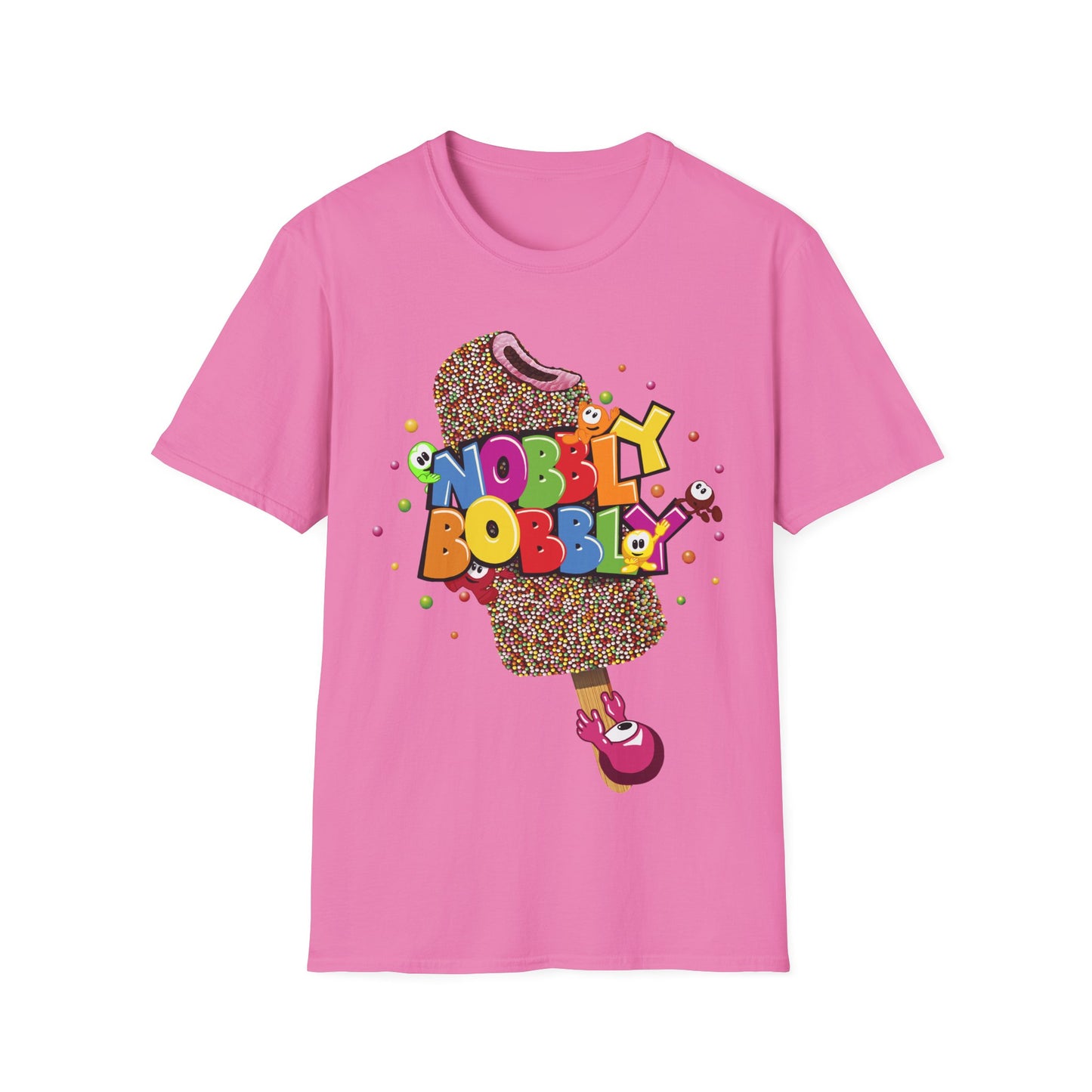 Pink t-shirt with colorful ice cream graphic and 'Nobbly Bobbly' text on a white background