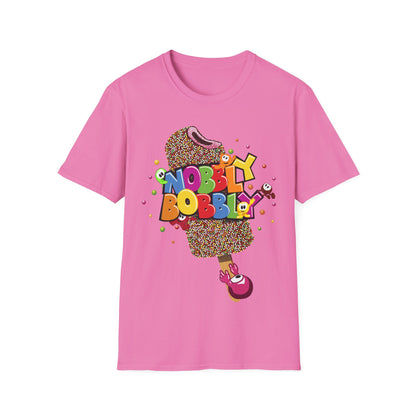 Pink t-shirt with colorful ice cream graphic and 'Nobbly Bobbly' text on a white background