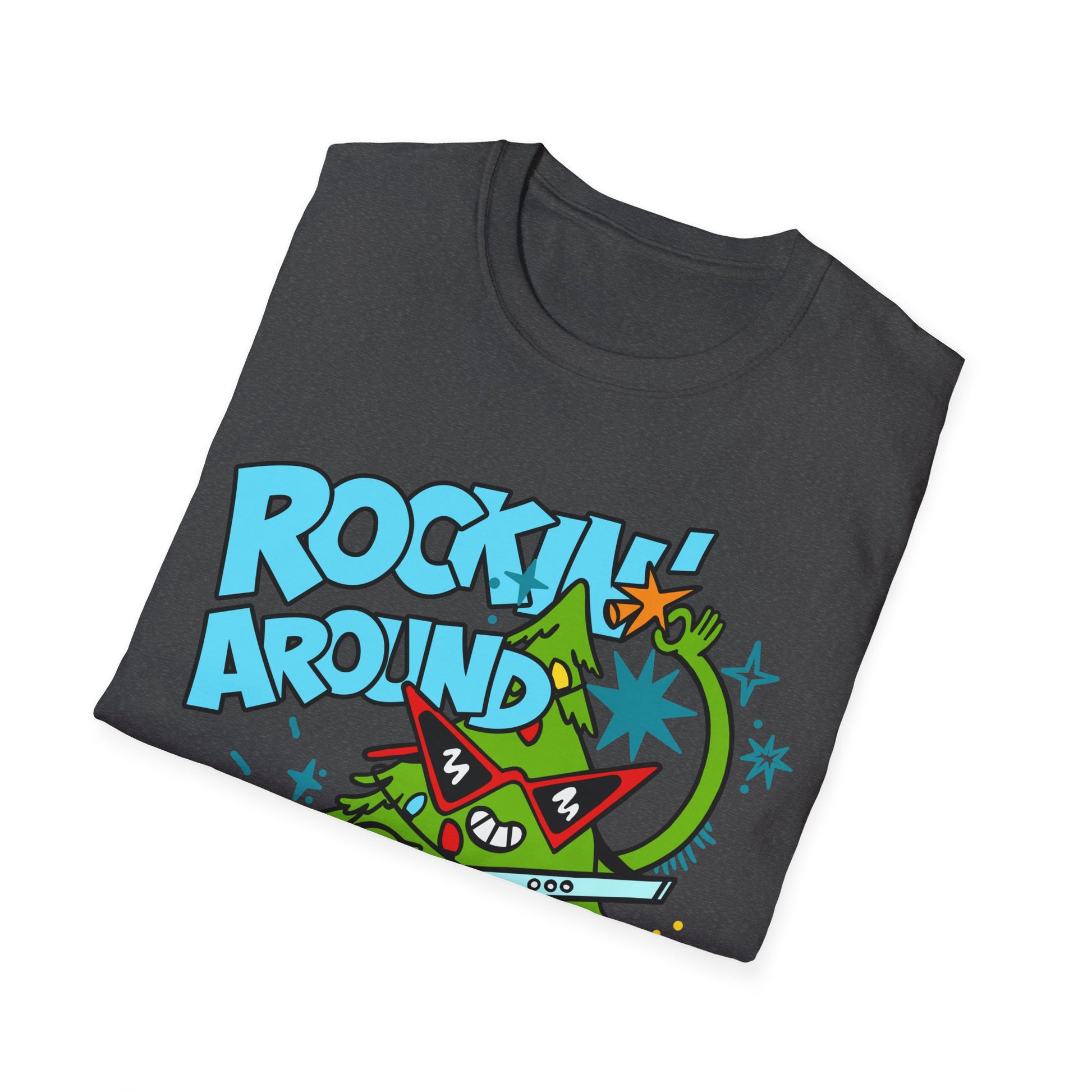 Folded t-shirt with colorful graphic design and text on a white background