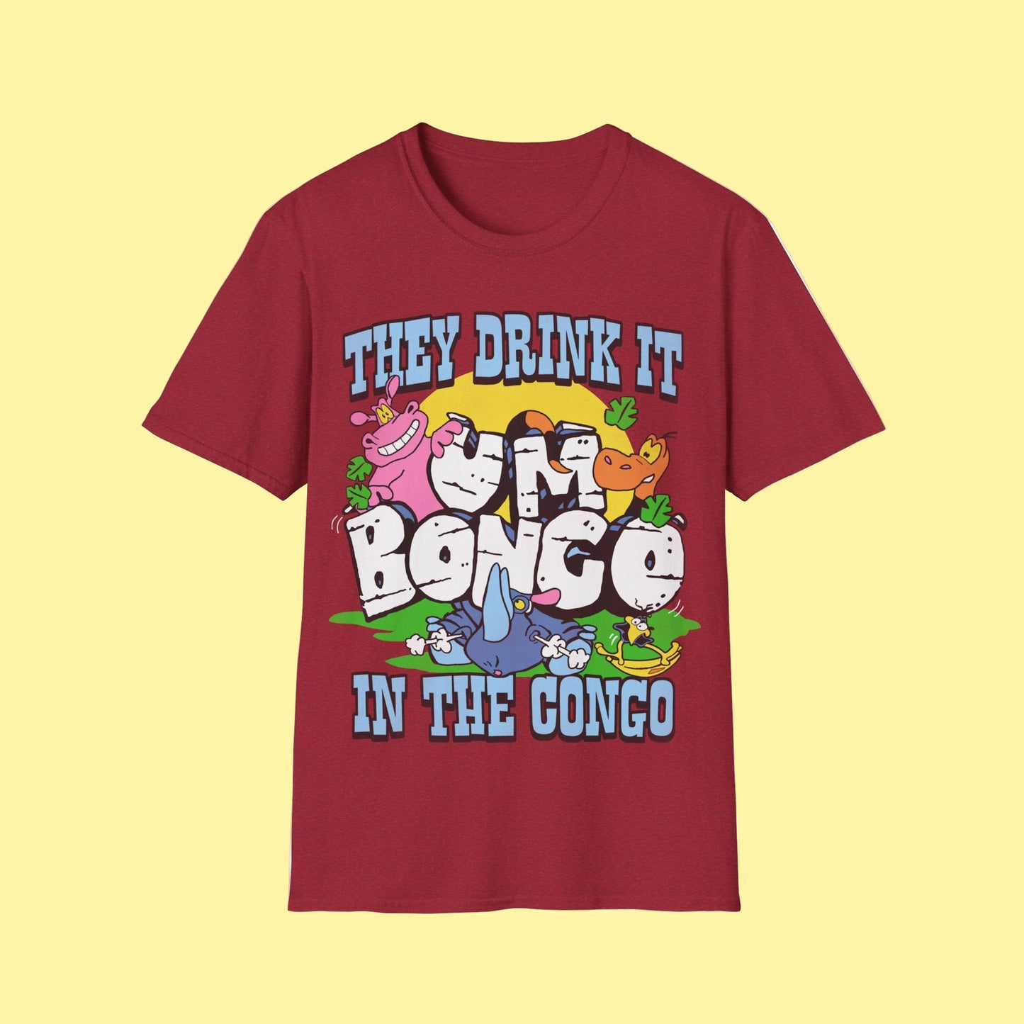 Antique Cherry Red short sleeve official Um Bongo T-shirt colourful 80s tropical juice drink cartoon animals with They drink it in the congo text and Um bongo logo