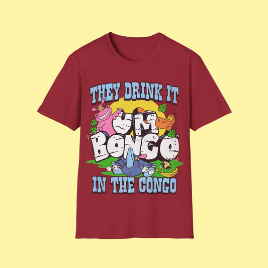 Antique Cherry Red short sleeve official Um Bongo T-shirt colourful 80s tropical juice drink cartoon animals with They drink it in the congo text and Um bongo logo
