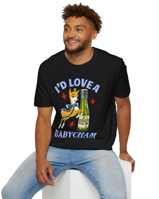 A man wearing a black graphic t-shirt with a cartoon illustration of a fox and a bottle, accompanied by the text 'I'D LOVE A BABYCHAM'.
