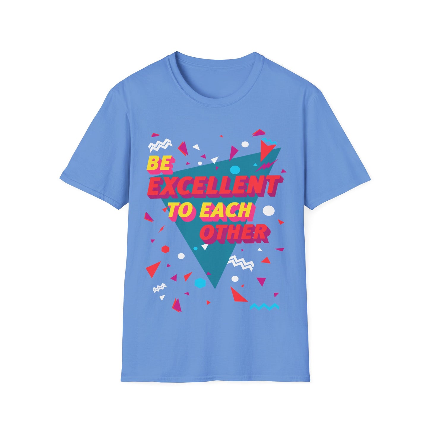 Blue t-shirt with colourful geometric design and Be Excellent to each other text 