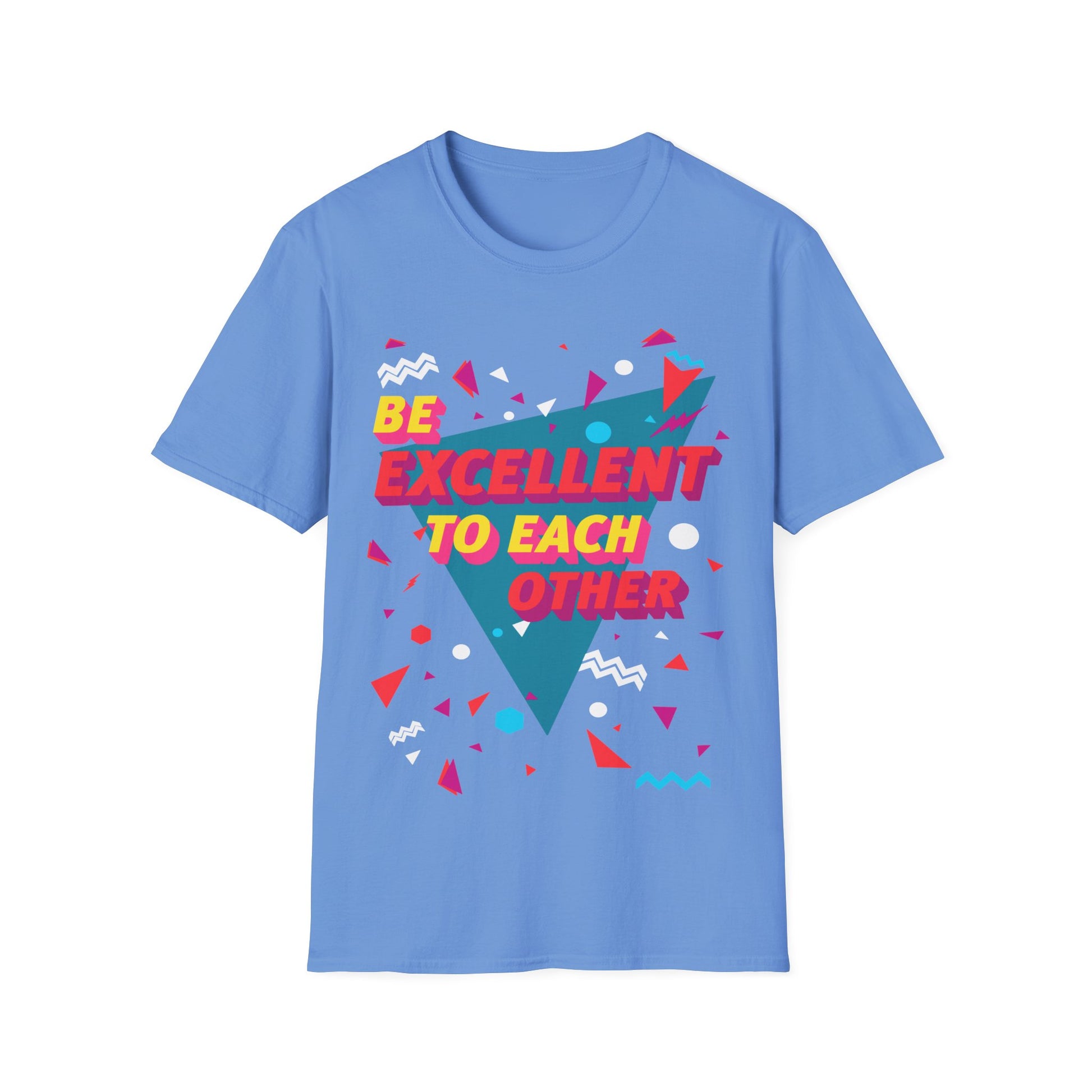 Blue t-shirt with colourful geometric design and Be Excellent to each other text 