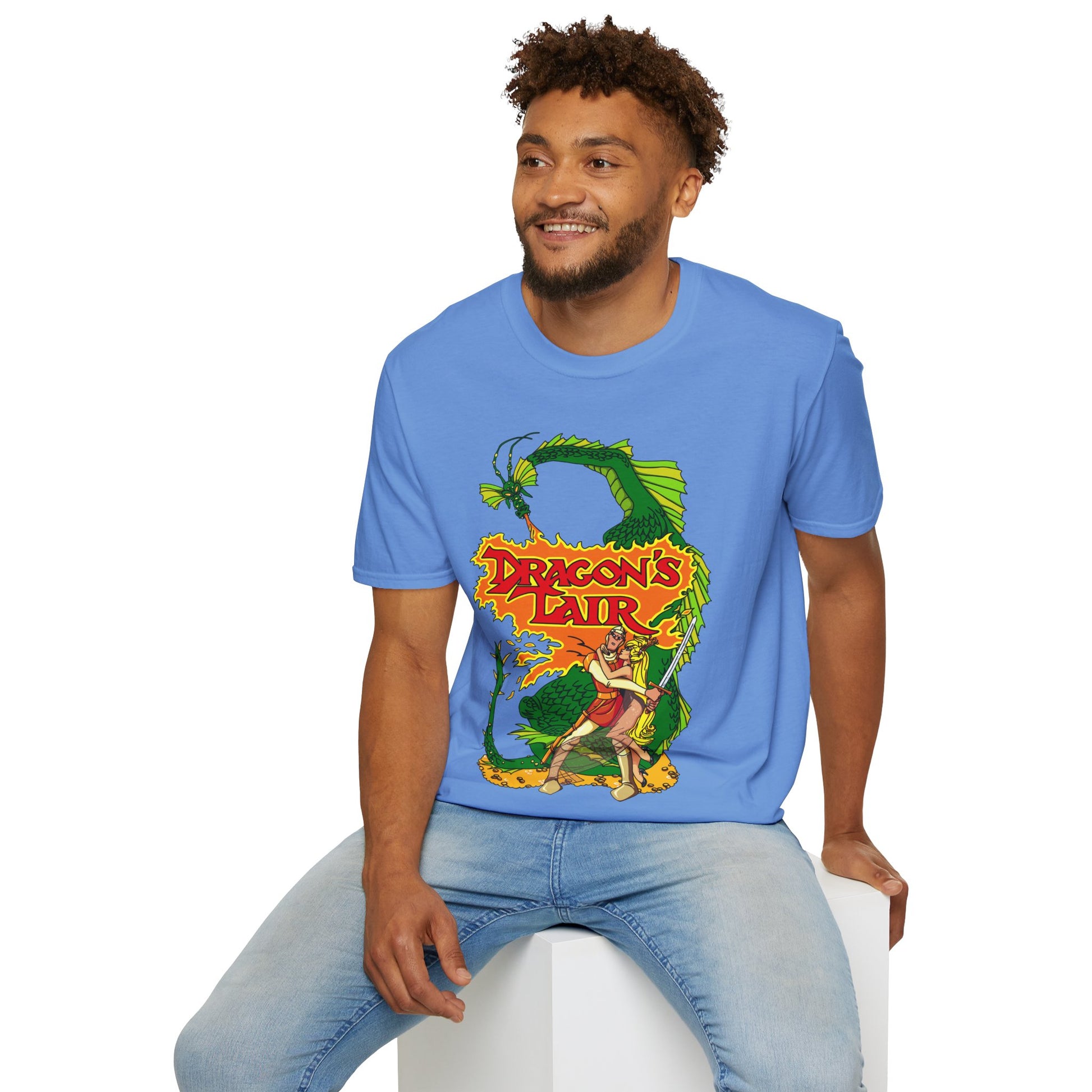 Person wearing a retro video game 'Dragon's Lair' t-shirt with 'Dragon's Lair' retro gaming graphic design featuring a dragon and a character.