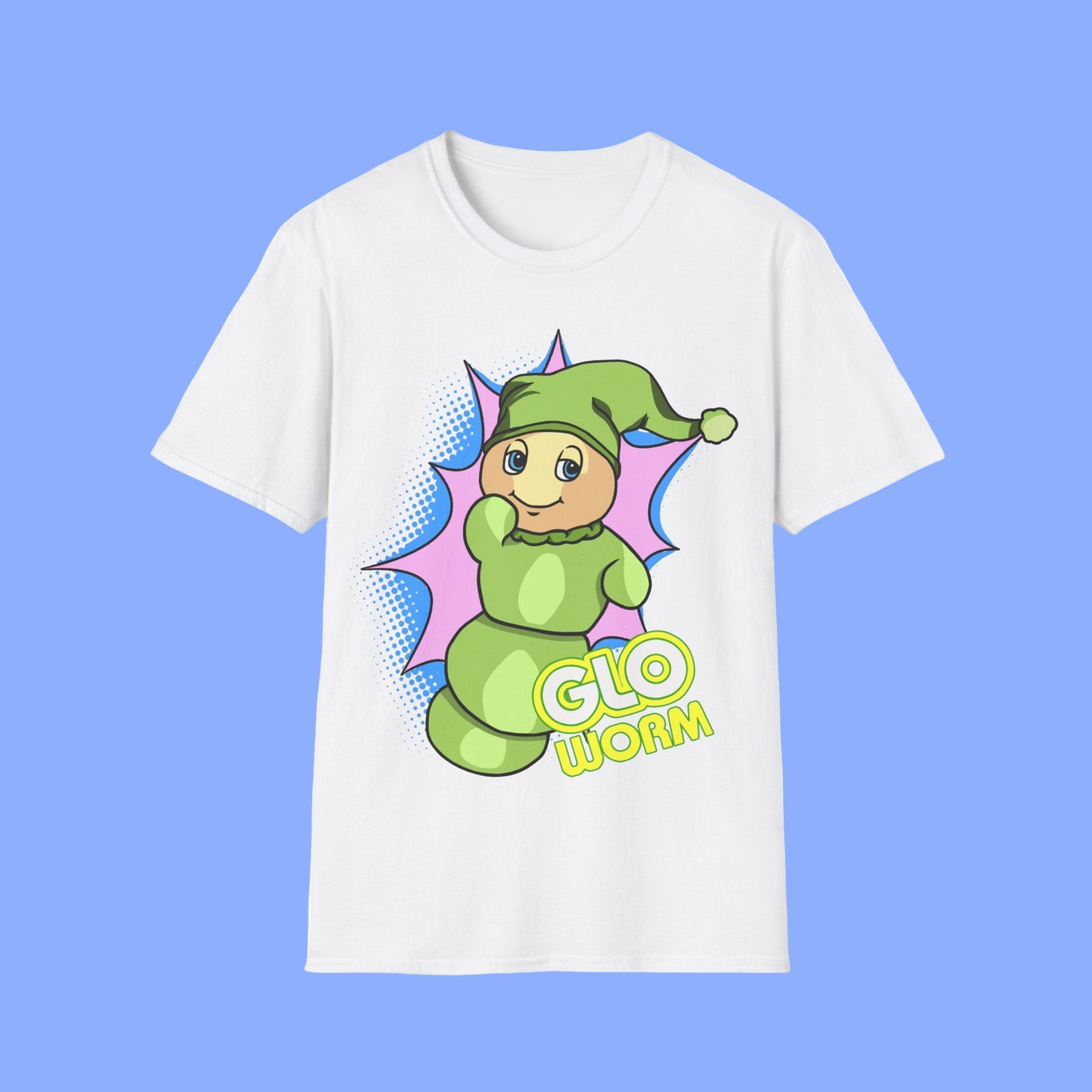 White t-shirt with a cartoon green 'glo worm' character on a white background