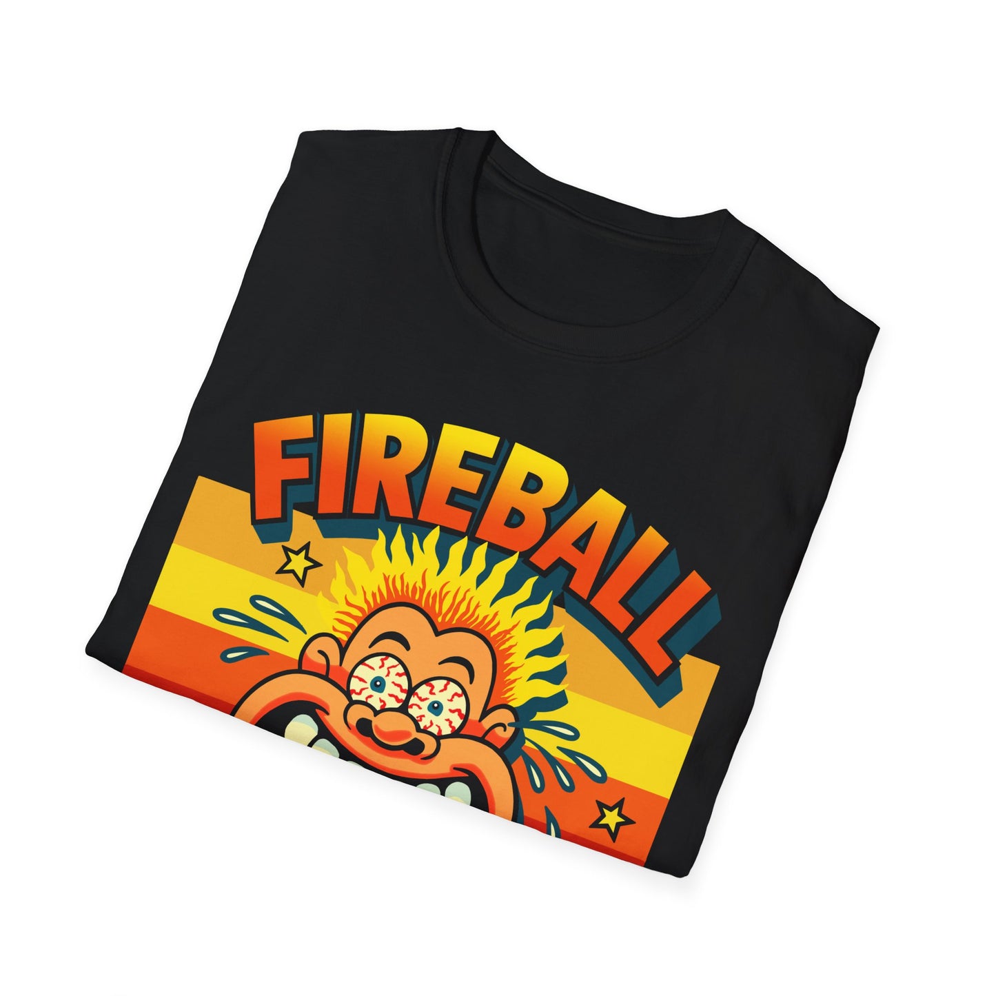 Black t-shirt with colorful 'Fireball' design on a white background