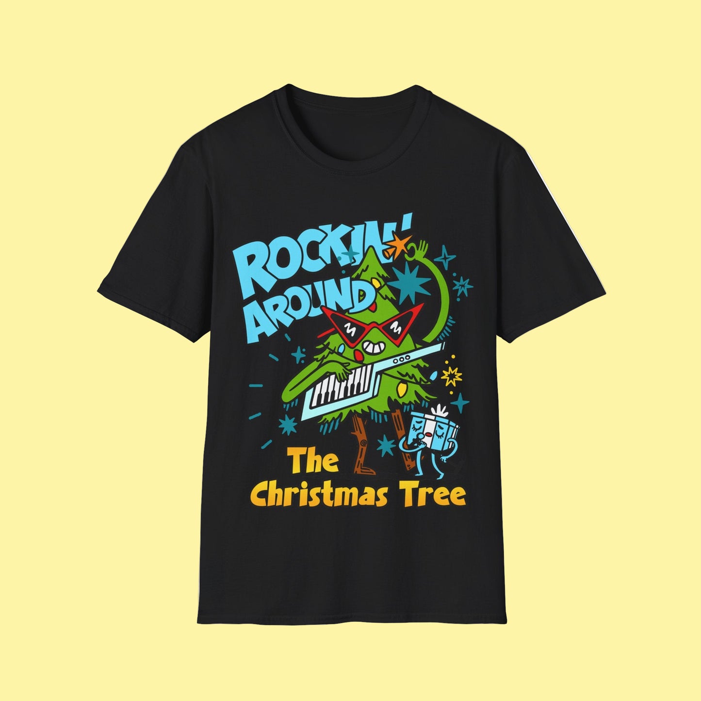 Retro Music Inspired White t-shirt with a colourful graphic of a Christmas tree and text Rockin Around The Christmas Tree 