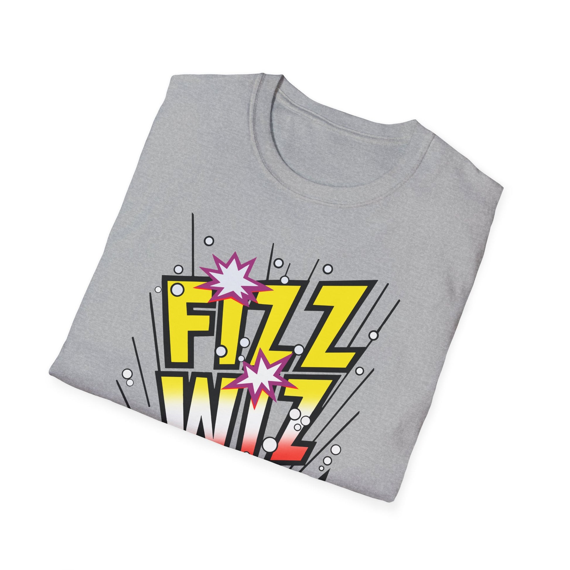 Folded gray t-shirt with 'Fizz Wiz' graphic design on a white background