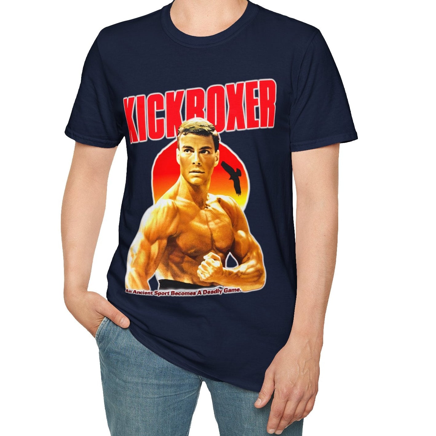 Man wearing a navy blue t-shirt with 'KICKBOXER' graphic design on a white background