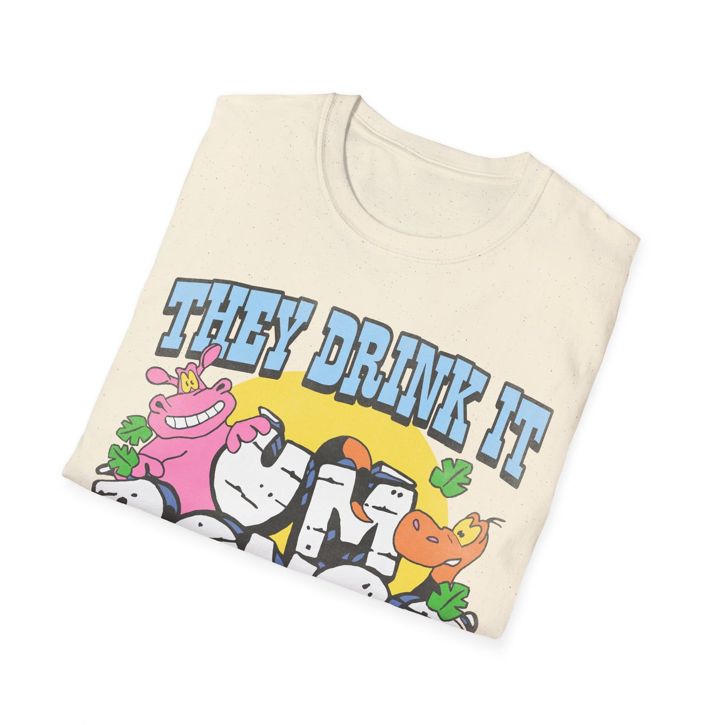 Folded short sleeve official Um Bongo T-shirt colourful 80s tropical juice drink cartoon animals with They drink it in the congo text and Um bongo logo