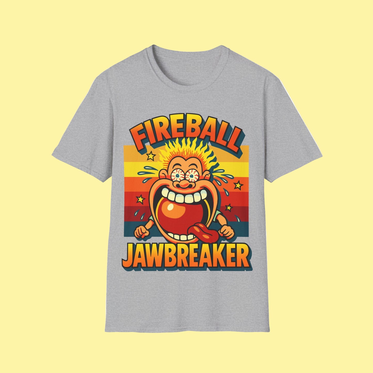 Gray t-shirt with Fireball Jawbreaker graphic design on a white background