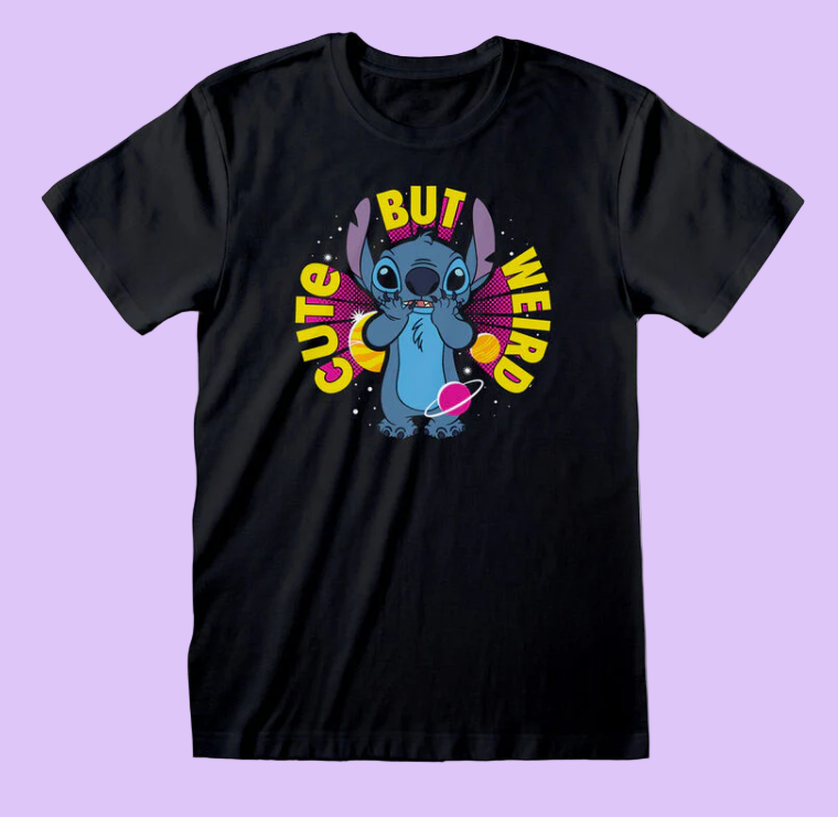 Black t-shirt with Disney Stitch character and Cute But Weird Text around stitch, short sleeve top, laying on a violet backdrop 